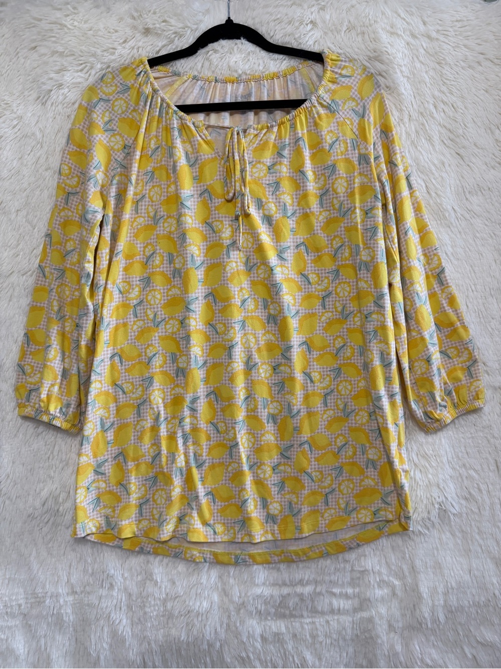 Land's End Womens Gingham Lemon Print Peasant Tunic Top M Yellow Citrus-Core